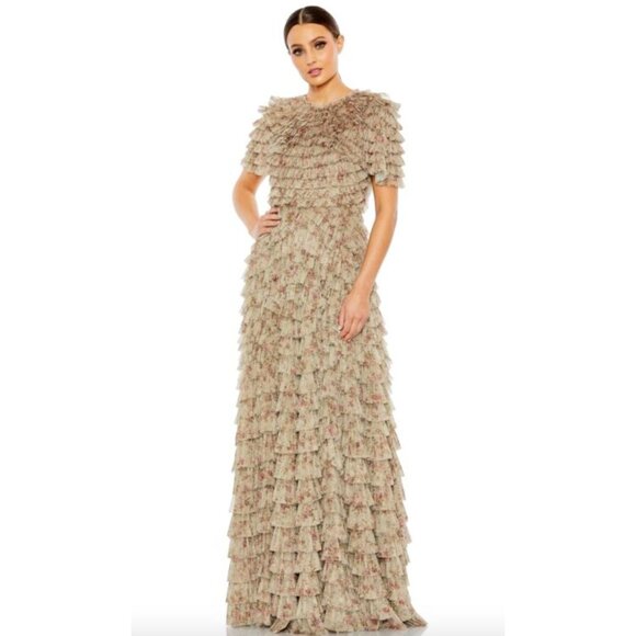 Anthroopologie Mac Duggal 8017 Floral Ruffle Short Sleeve Dress $798 Size 4